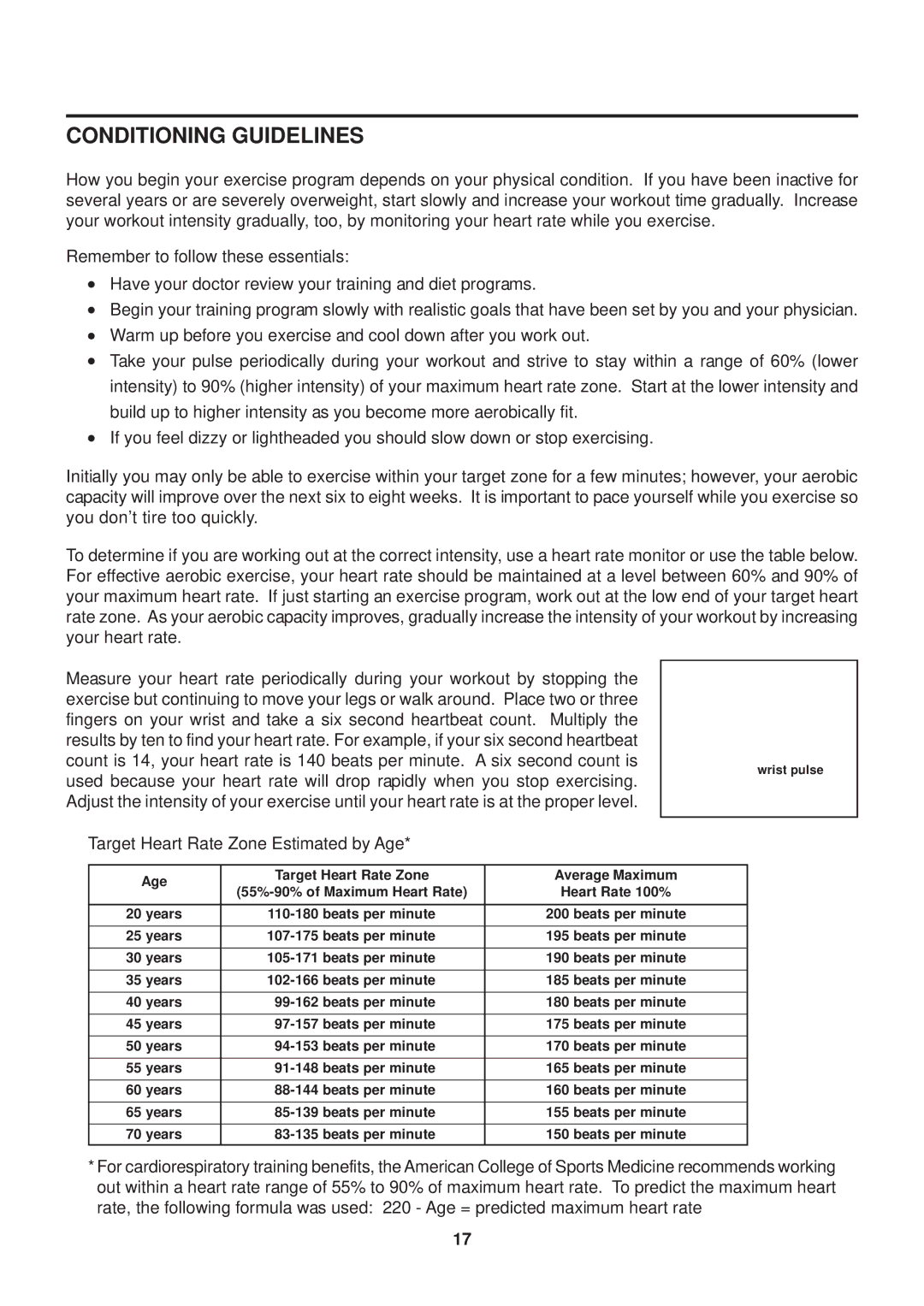 Stamina Products UX2 owner manual Conditioning Guidelines, Target Heart Rate Zone Estimated by Age 