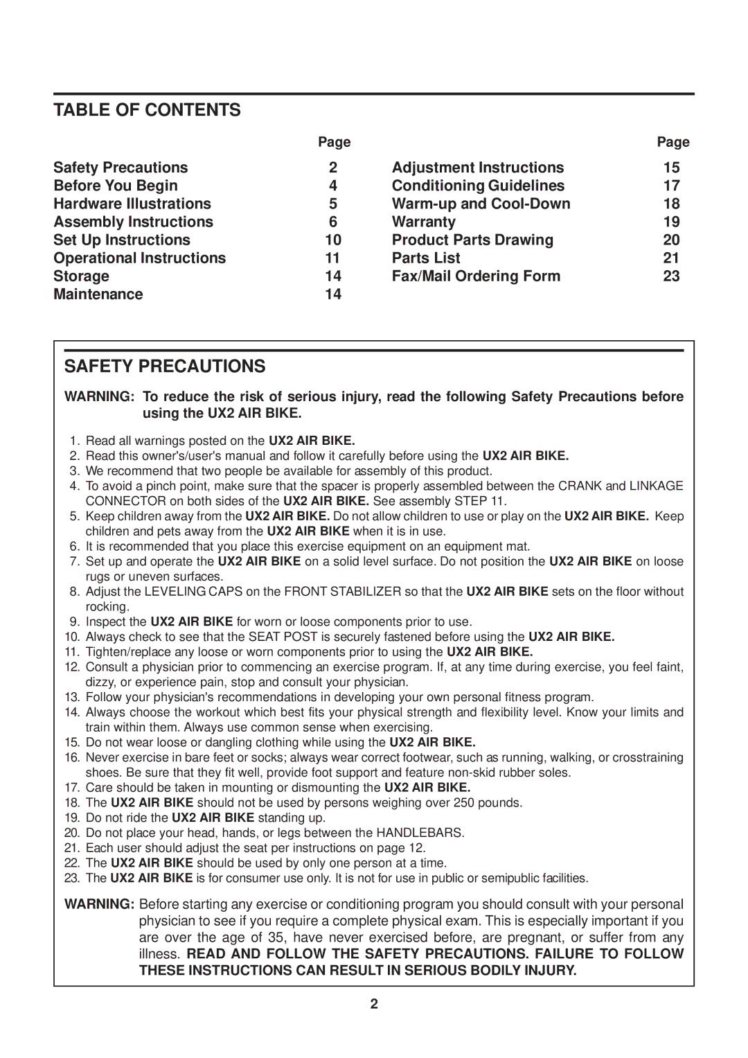 Stamina Products UX2 owner manual Table of Contents, Safety Precautions 