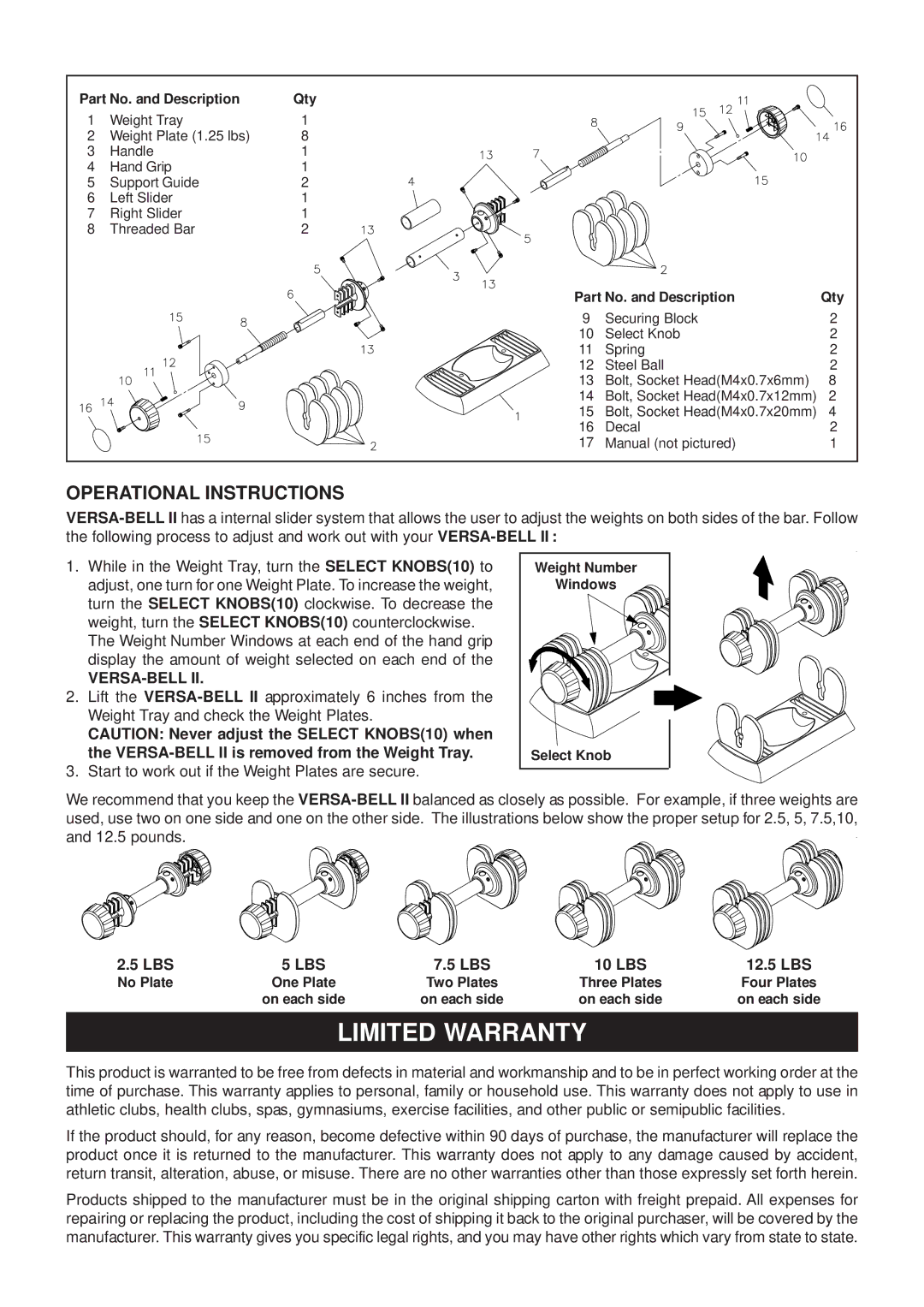 Stamina Products VERSA-BELL II, 12-May owner manual Limited Warranty, Operational Instructions, Versa-Bell, Lbs 