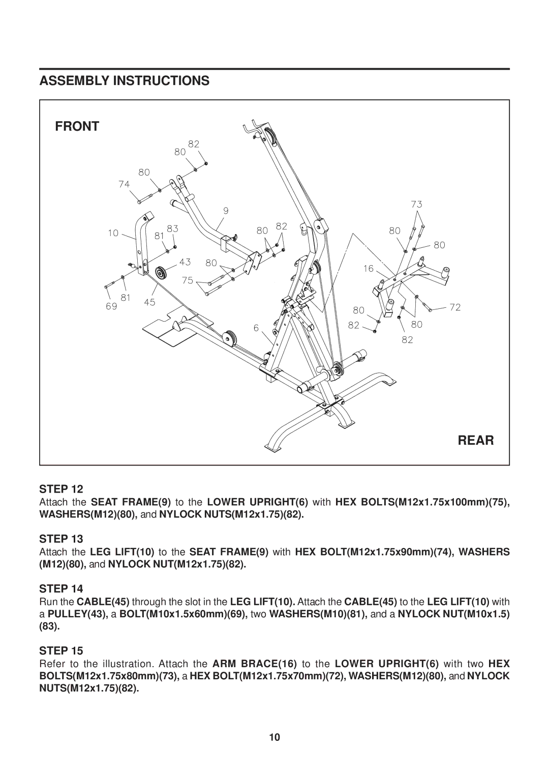 Stamina Products VG1500 owner manual Assembly Instructions Front Rear, NUTSM12x1.7582 