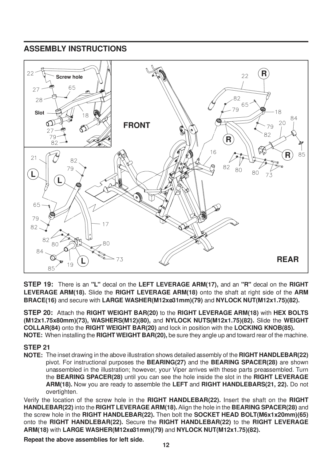 Stamina Products VG1500 owner manual Repeat the above assemblies for left side 