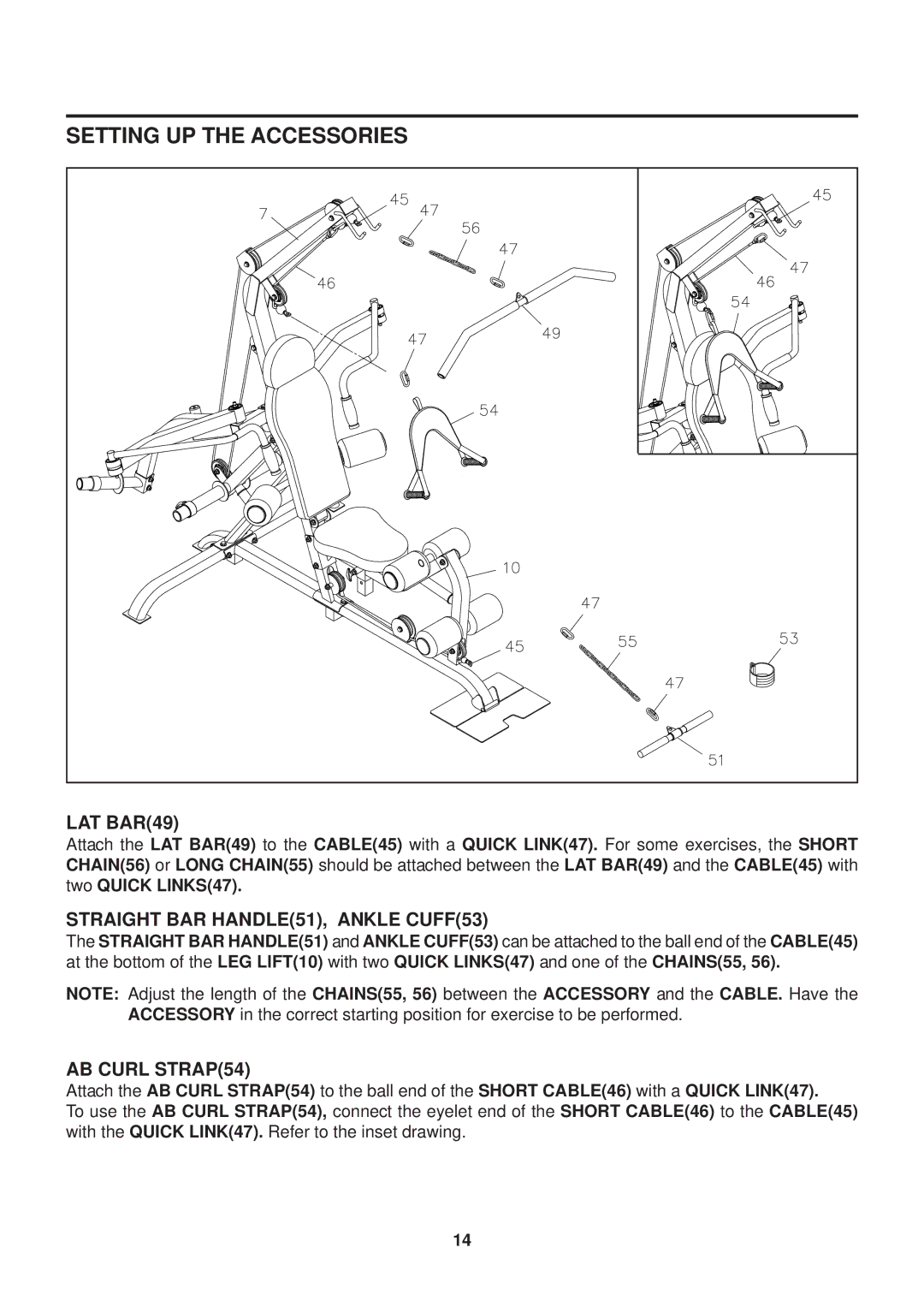 Stamina Products VG1500 owner manual Setting UP the Accessories, LAT BAR49 