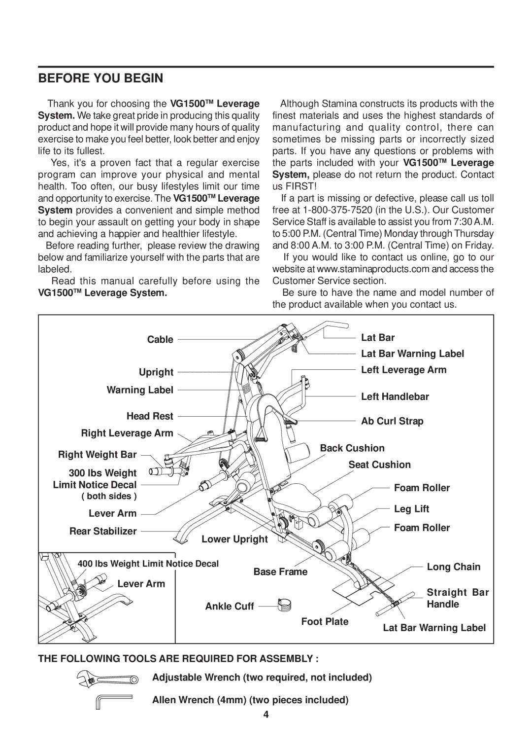 Stamina Products VG1500 owner manual Before YOU Begin 