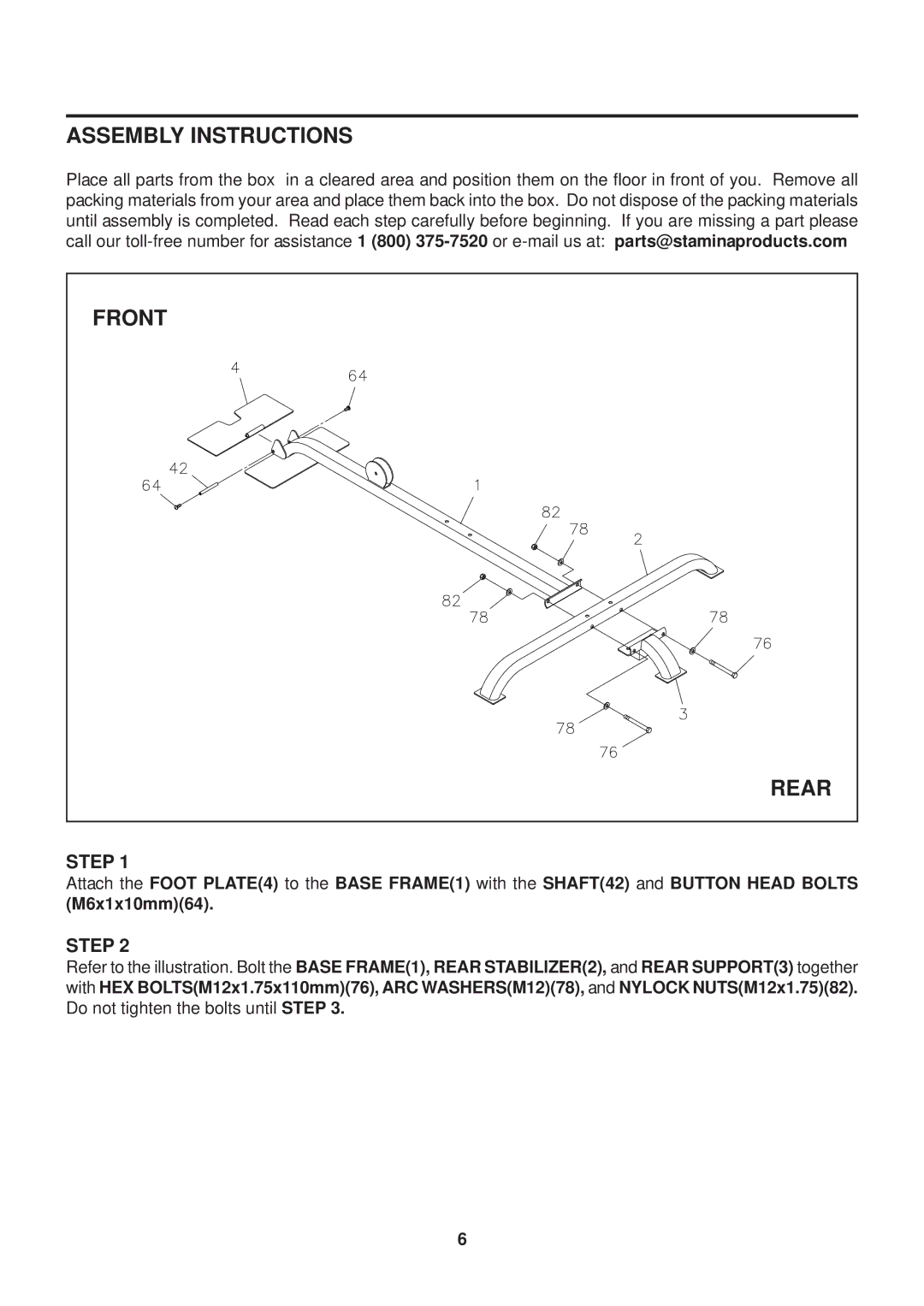 Stamina Products VG1500 owner manual Assembly Instructions, Front, Rear 