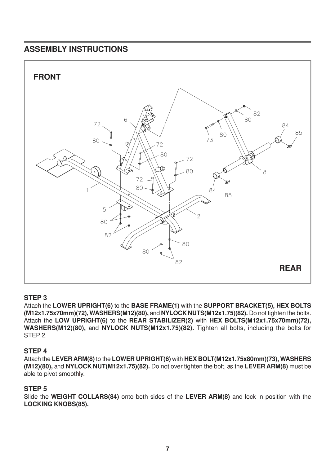 Stamina Products VG1500 owner manual Assembly Instructions Front Rear 