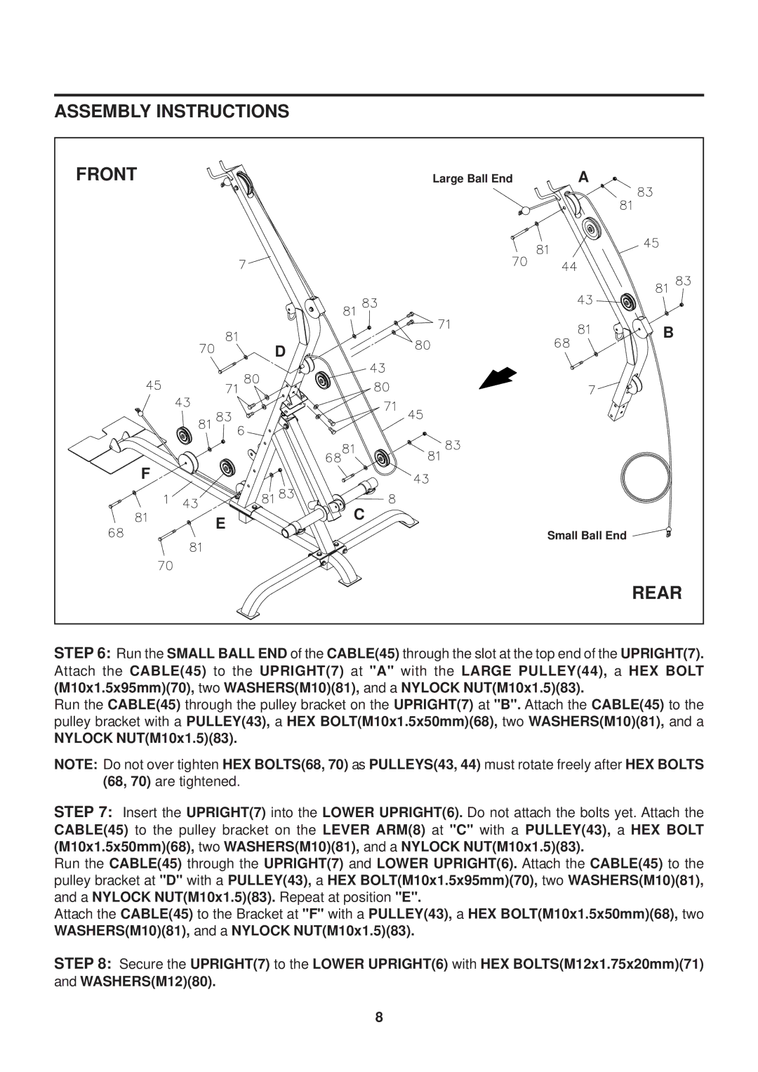 Stamina Products VG1500 owner manual Assembly Instructions Front, Nylock NUTM10x1.583 