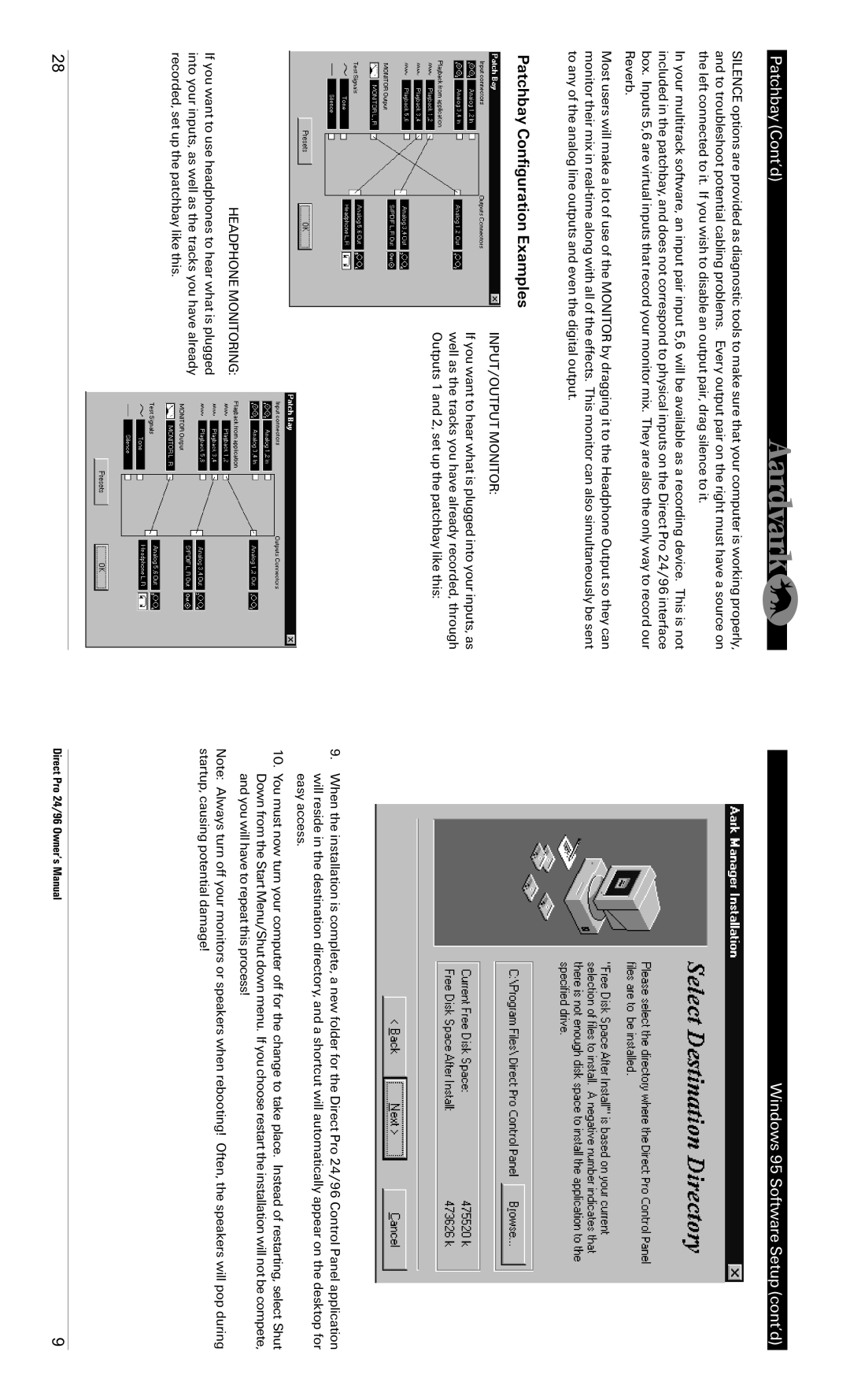 Standard Horizon 24/96 specifications Patchbay Cont’d, Patchbay Configuration Examples, Windows 95 Software Setup cont’d 