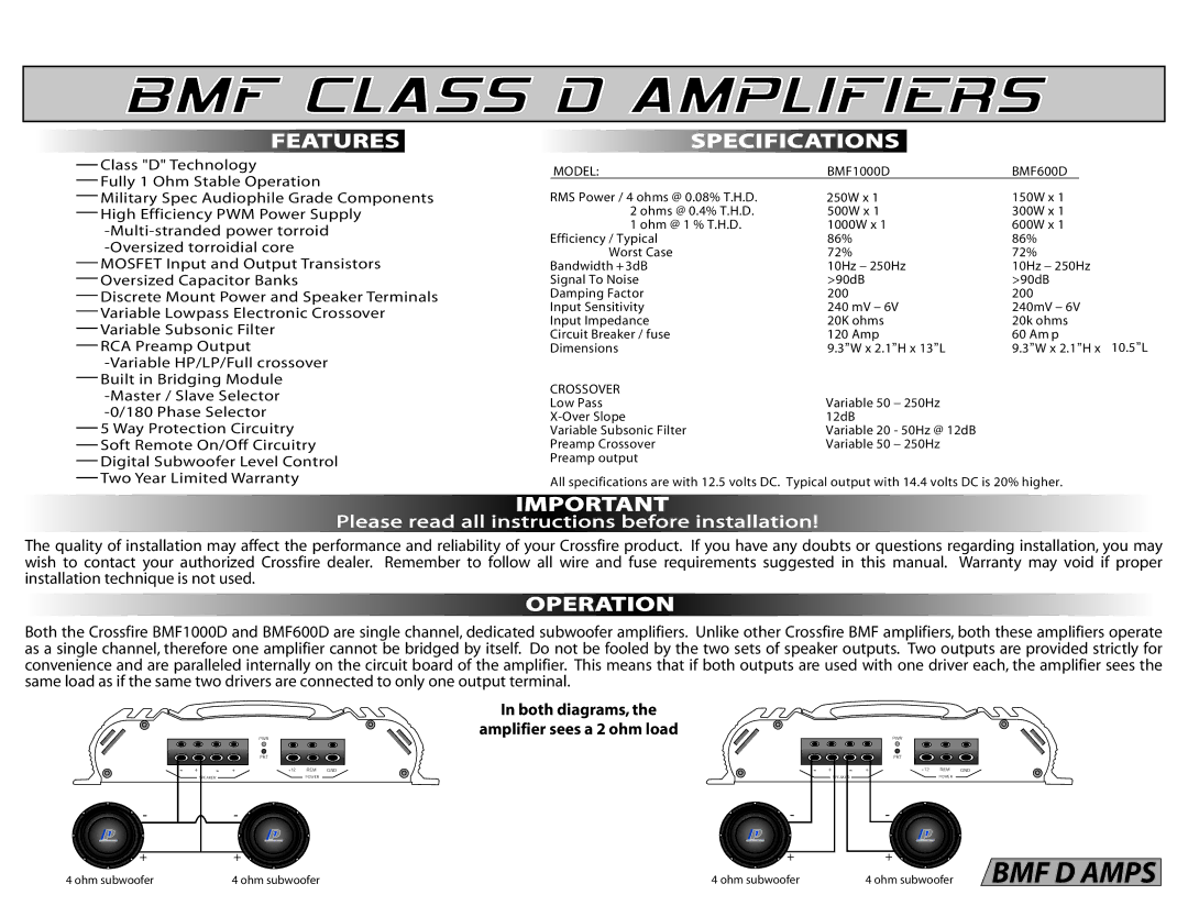 Standard Horizon BMF1000D, BMF600D specifications BMF Class D Amplifiersrs, Both diagrams, Amplifier sees a 2 ohm load 