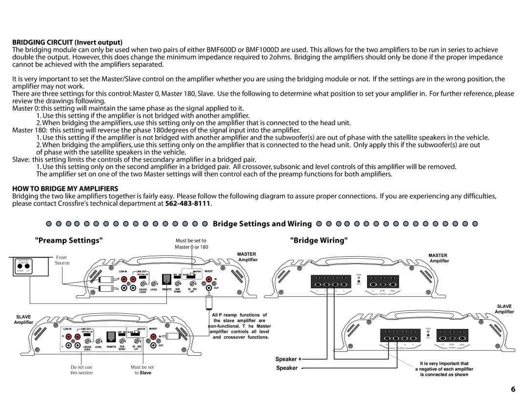 Standard Horizon BMF600D Preamp Settings, Bridge Settings and Wiring Bridge Wiring, Bridging Circuit Invert output 