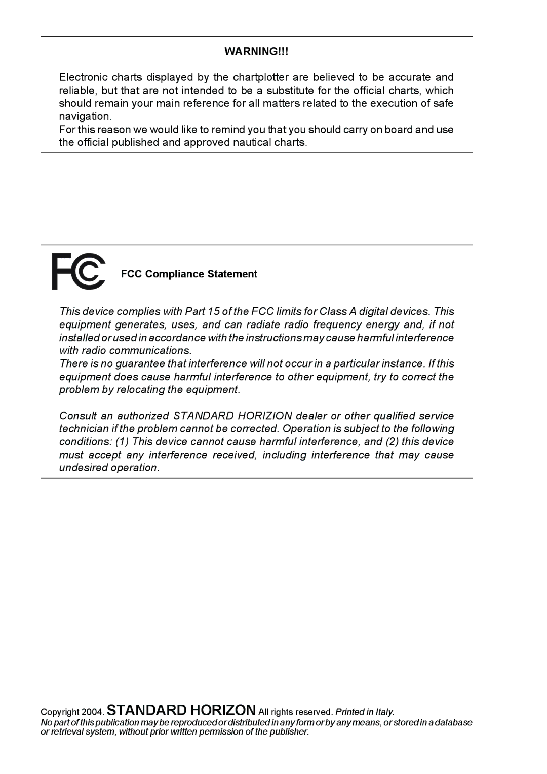 Standard Horizon CP175C, CP1000C, CP155C owner manual FCC Compliance Statement 