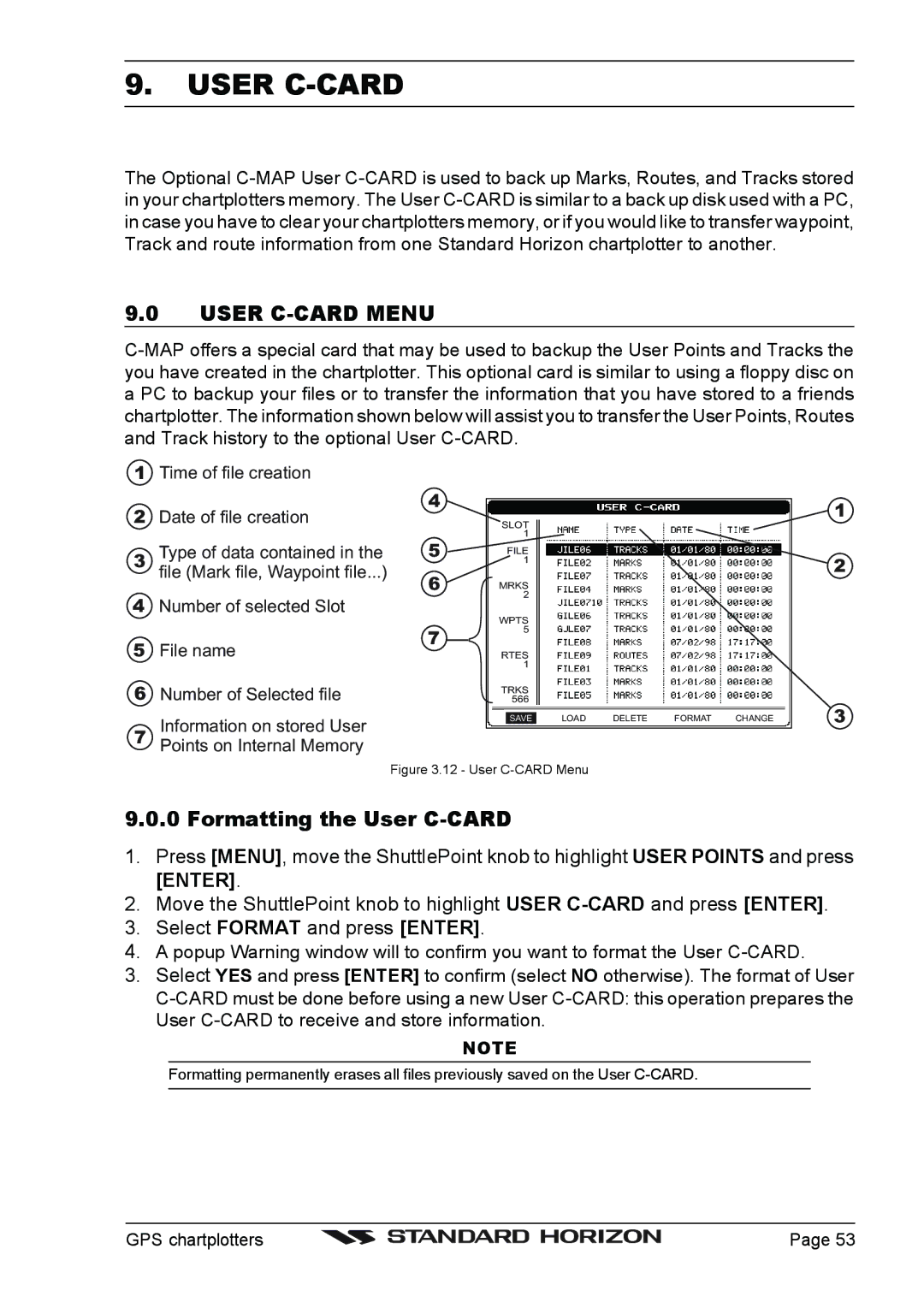 Standard Horizon CP1000C, CP155C, CP175C owner manual User C-CARD Menu, Formatting the User C-CARD 