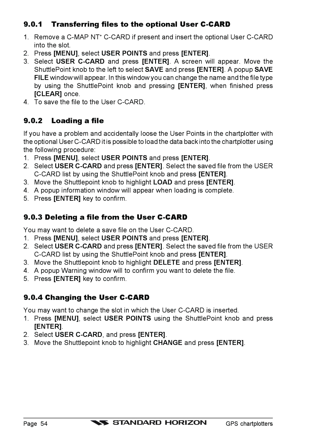 Standard Horizon CP155C, CP1000C Transferring files to the optional User C-CARD, Loading a file, Changing the User C-CARD 