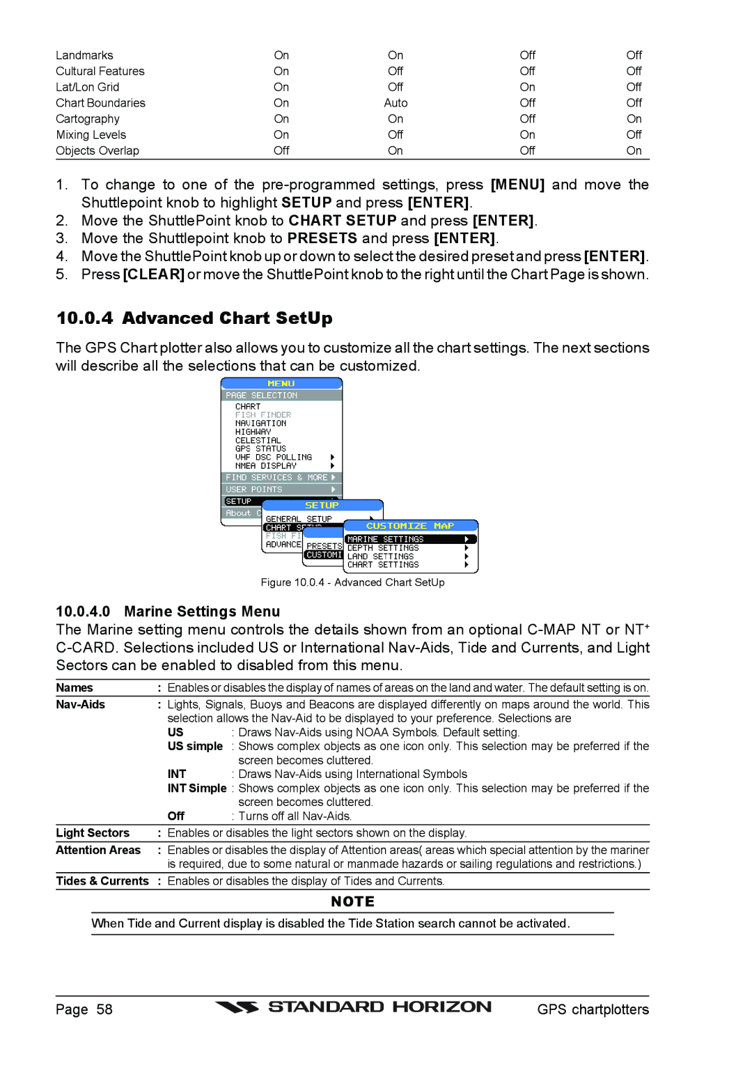 Standard Horizon CP175C, CP1000C, CP155C owner manual Advanced Chart SetUp, Marine Settings Menu 