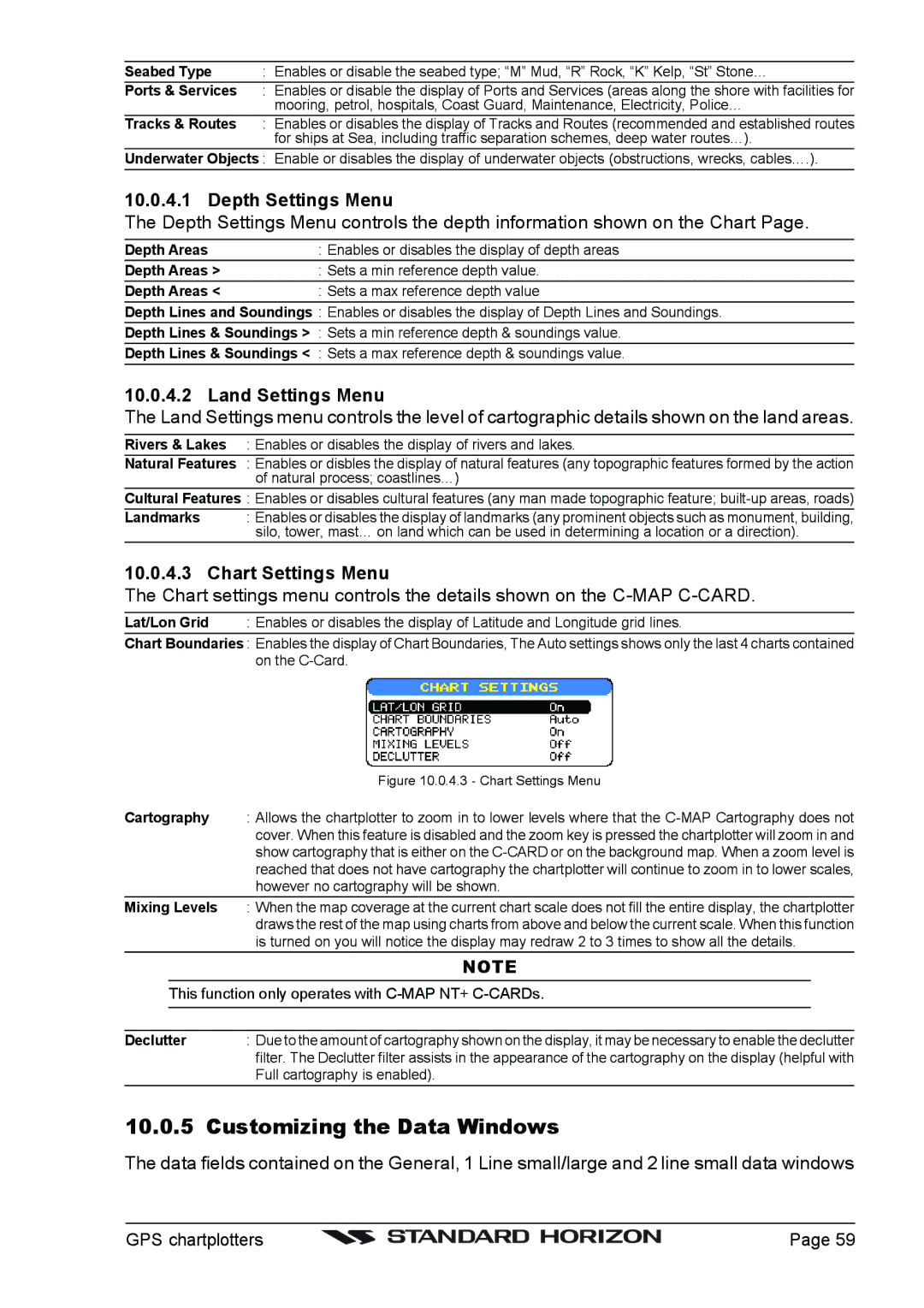 Standard Horizon CP1000C Customizing the Data Windows, Depth Settings Menu, Land Settings Menu, Chart Settings Menu 