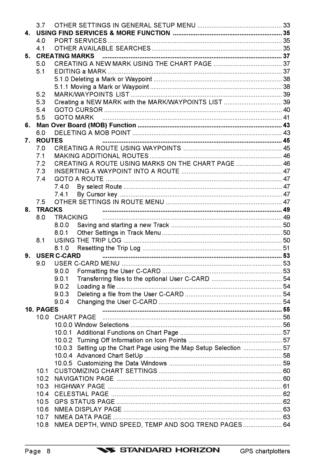 Standard Horizon CP1000C, CP155C Using Find Services & More Function, Creating Marks, Routes, Tracks, User C-CARD, Pages 