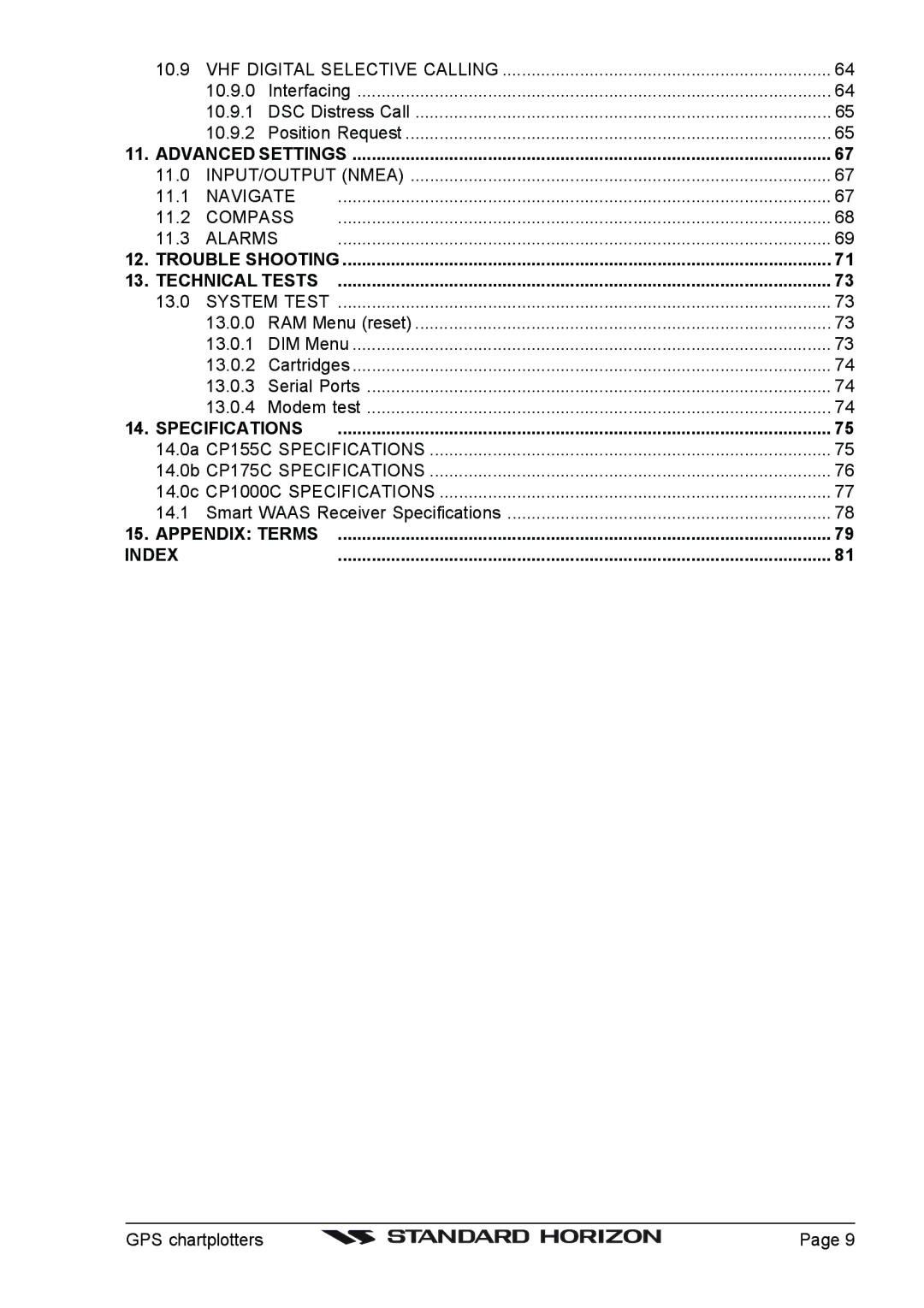 Standard Horizon CP155C, CP1000C Advanced Settings, Trouble Shooting Technical Tests, Specifications, Appendix Terms Index 