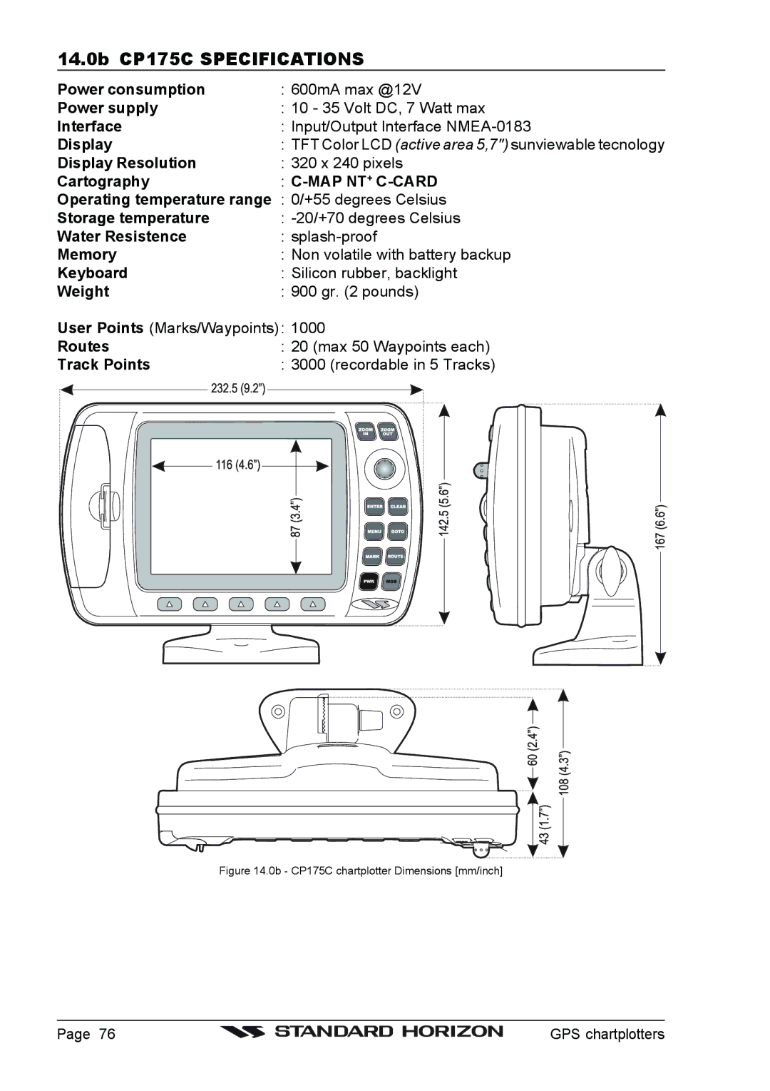 Standard Horizon CP1000C, CP155C owner manual 14.0b CP175C Specifications, 0b CP175C chartplotter Dimensions mm/inch 