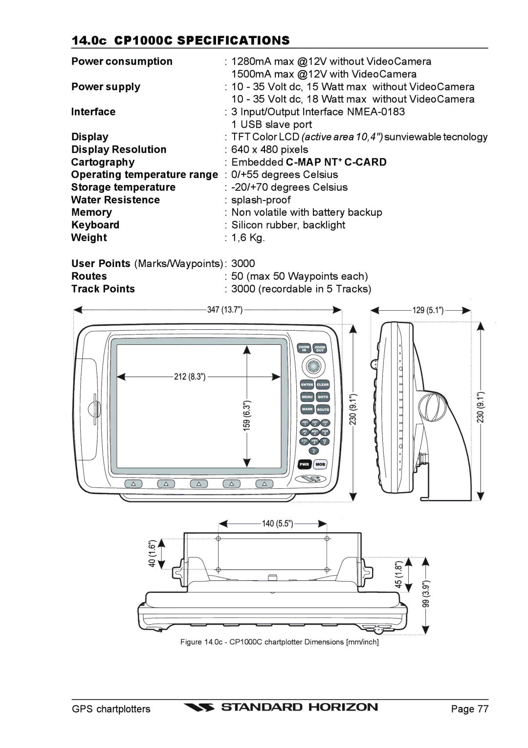 Standard Horizon CP155C, CP175C owner manual 14.0c CP1000C Specifications, 0c CP1000C chartplotter Dimensions mm/inch 