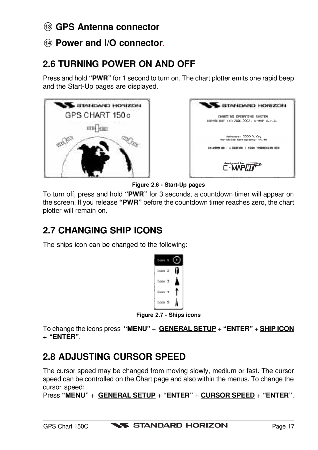 Standard Horizon CP150C GPS Antenna connector Power and I/O connector, Turning Power on and OFF, Changing Ship Icons 