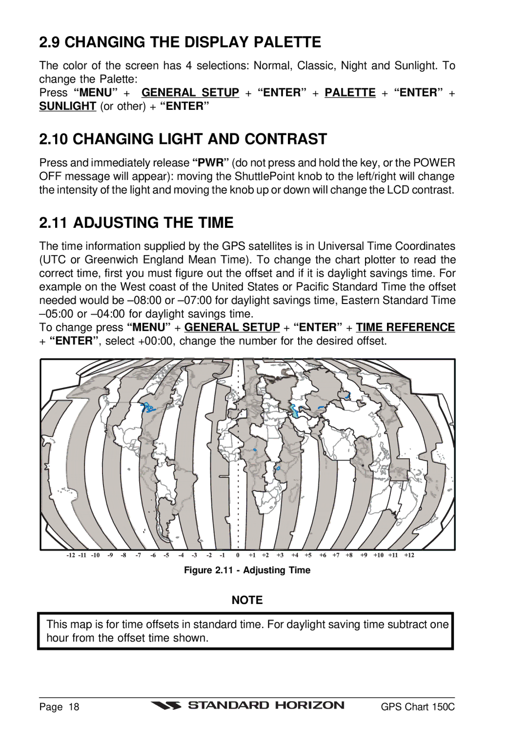 Standard Horizon CP150C owner manual Changing the Display Palette, Changing Light and Contrast, Adjusting the Time 