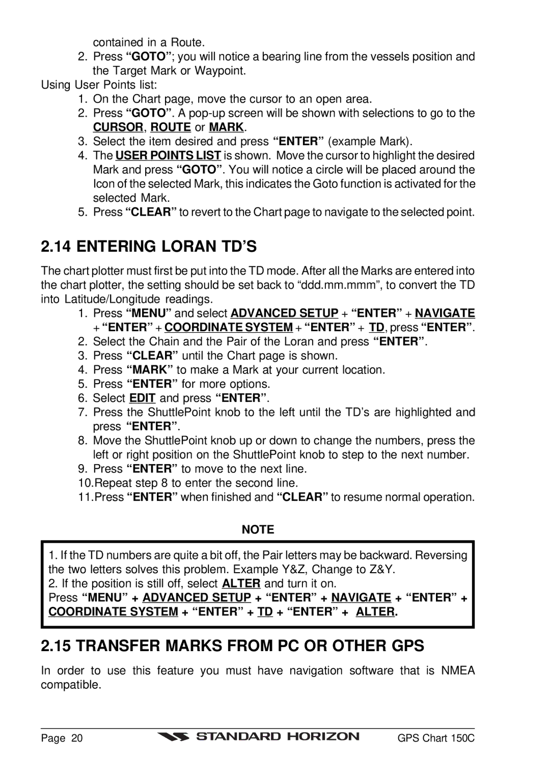 Standard Horizon CP150C owner manual Entering Loran TD’S, Transfer Marks from PC or Other GPS 