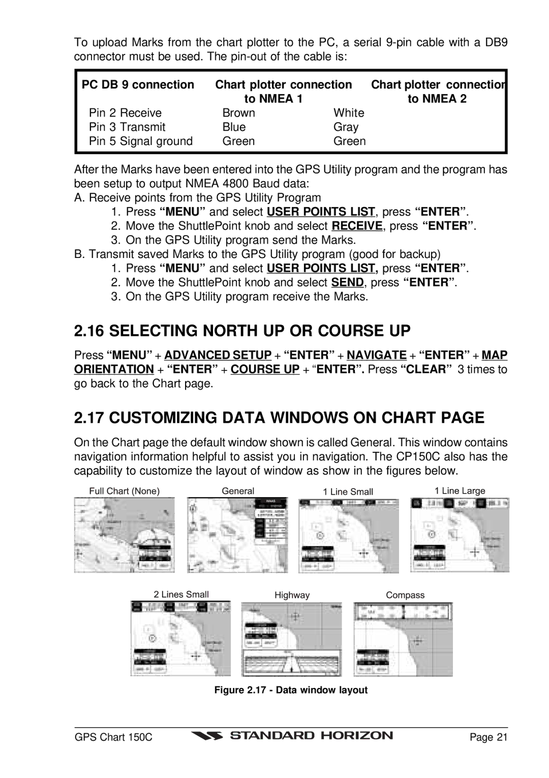 Standard Horizon CP150C owner manual Selecting North UP or Course UP, Customizing Data Windows on Chart 