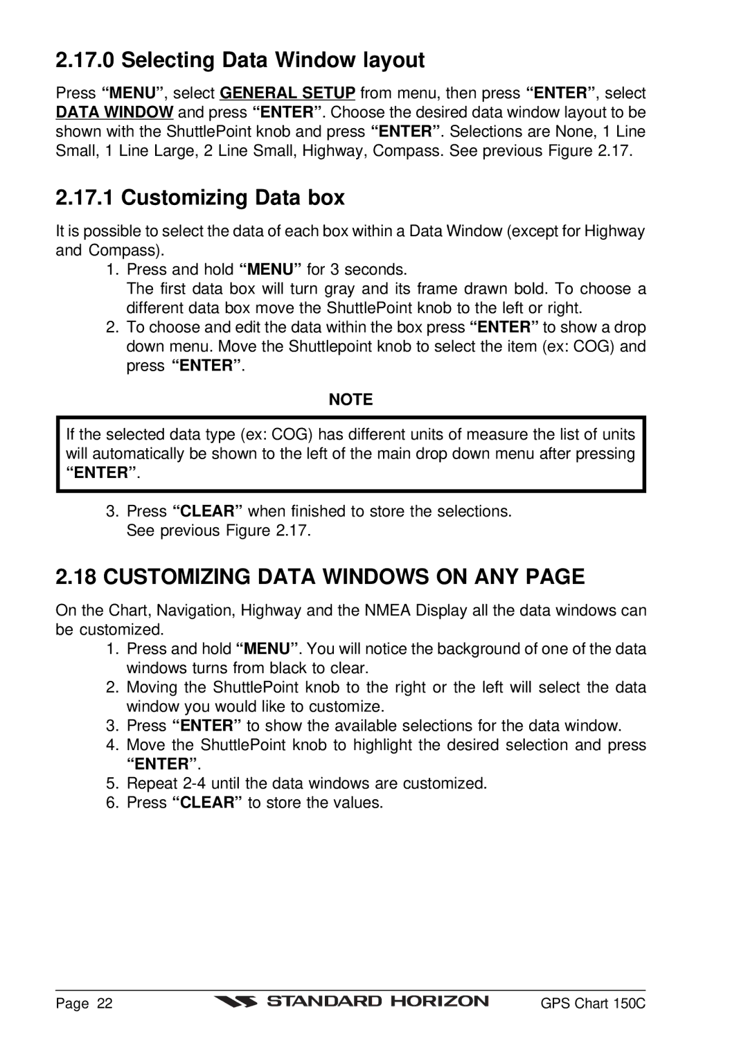Standard Horizon CP150C owner manual Selecting Data Window layout, Customizing Data box, Customizing Data Windows on ANY 