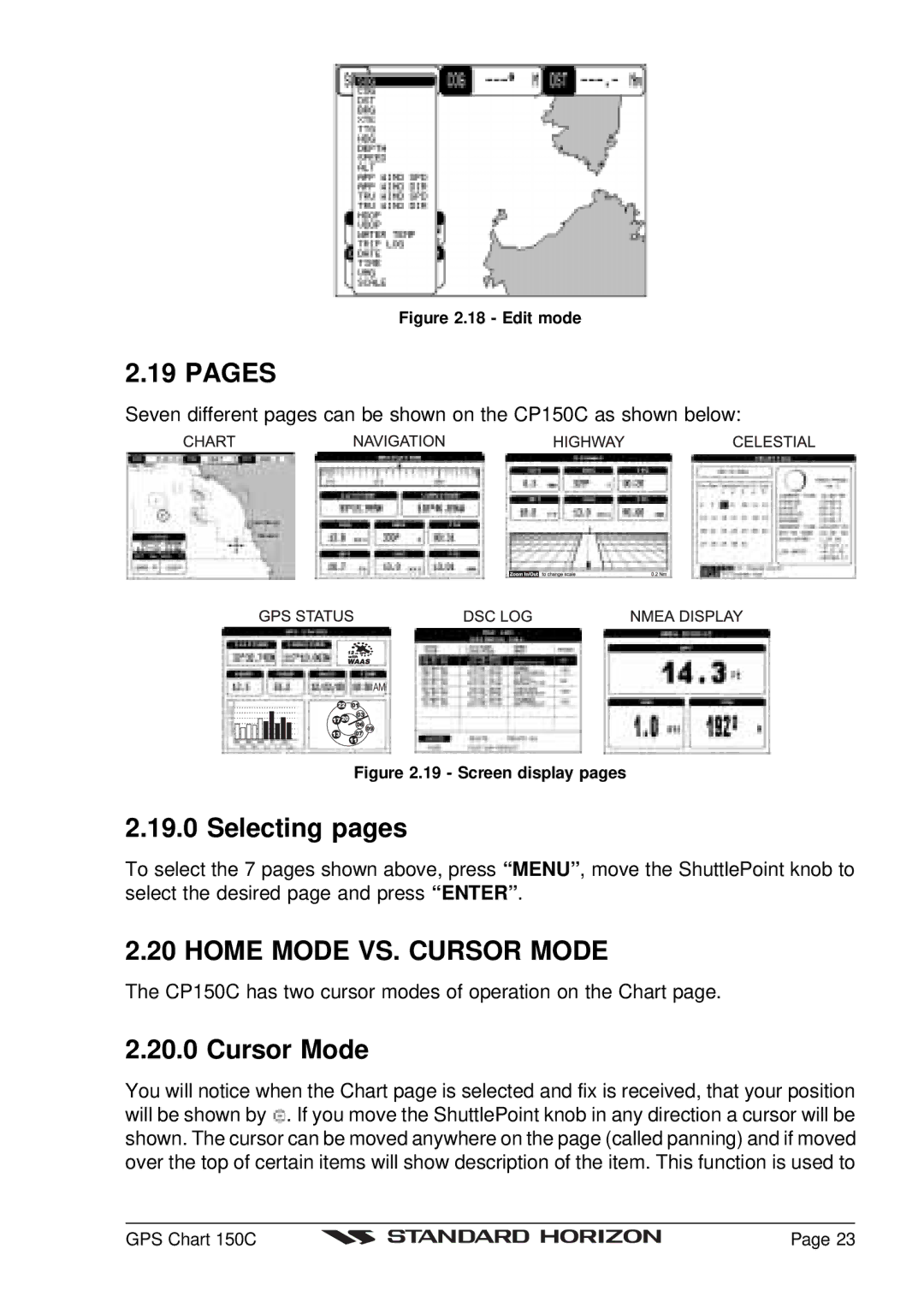 Standard Horizon CP150C owner manual Pages, Selecting pages, Home Mode VS. Cursor Mode 