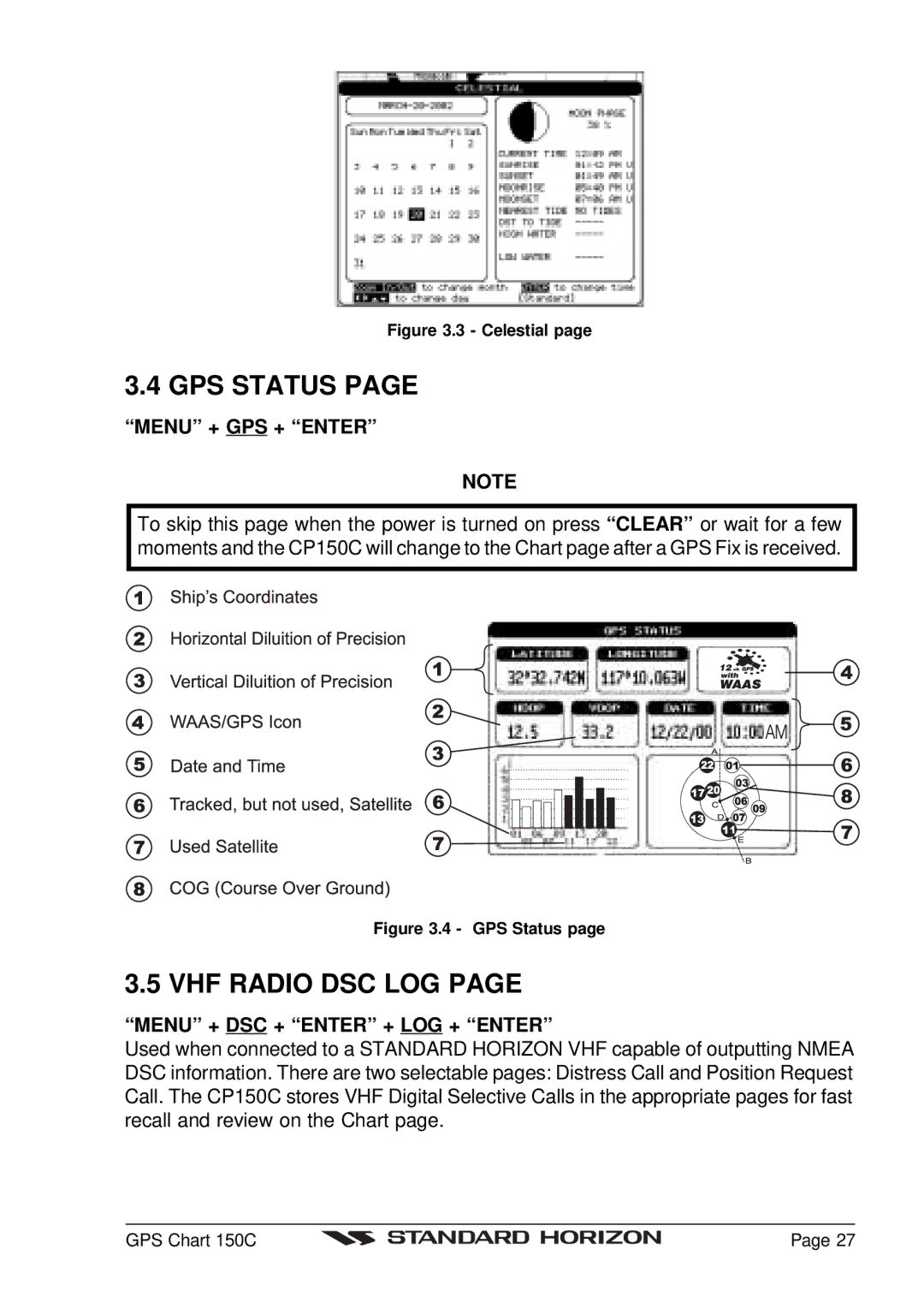 Standard Horizon CP150C owner manual GPS Status, VHF Radio DSC LOG 