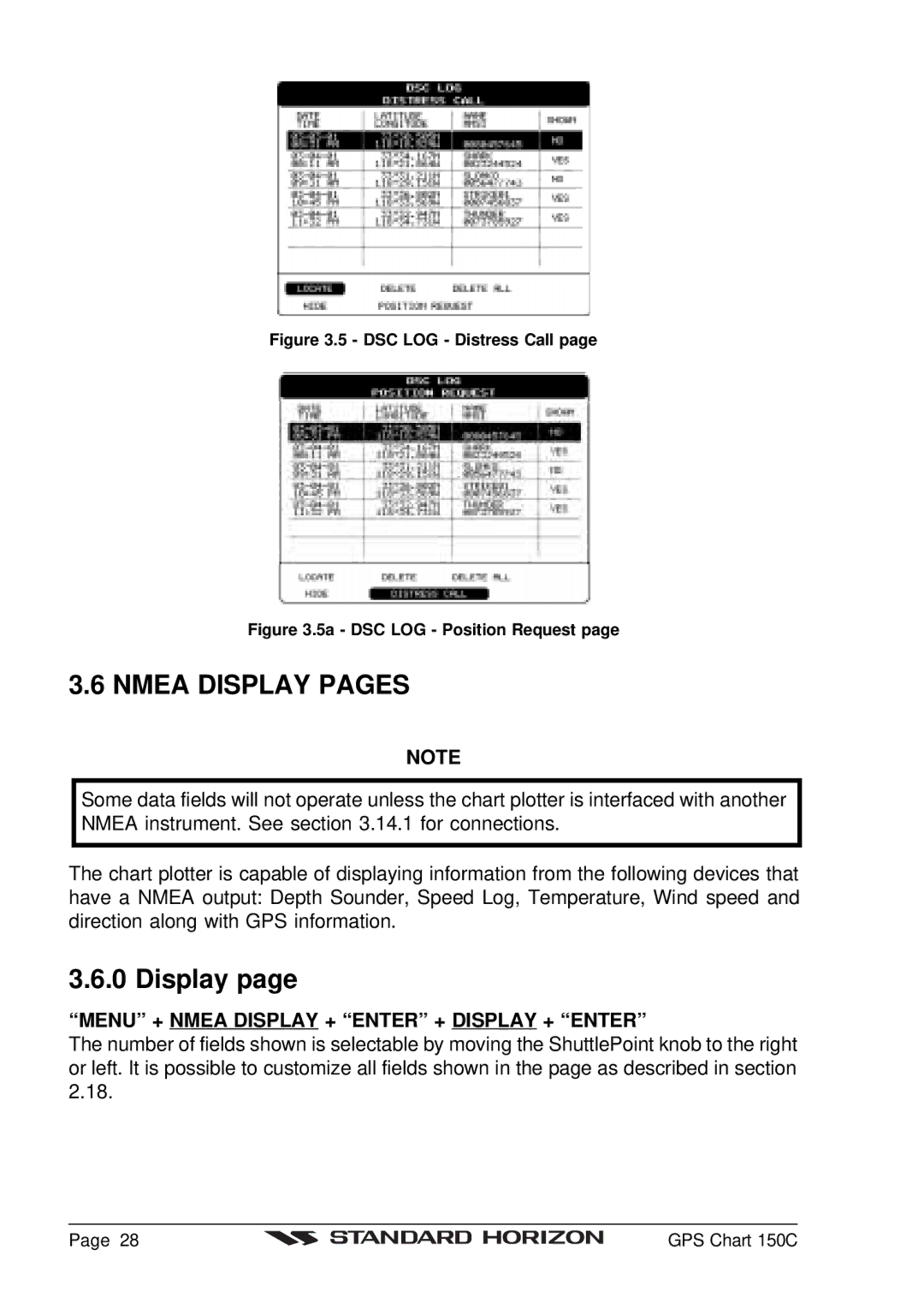 Standard Horizon CP150C owner manual Nmea Display Pages 