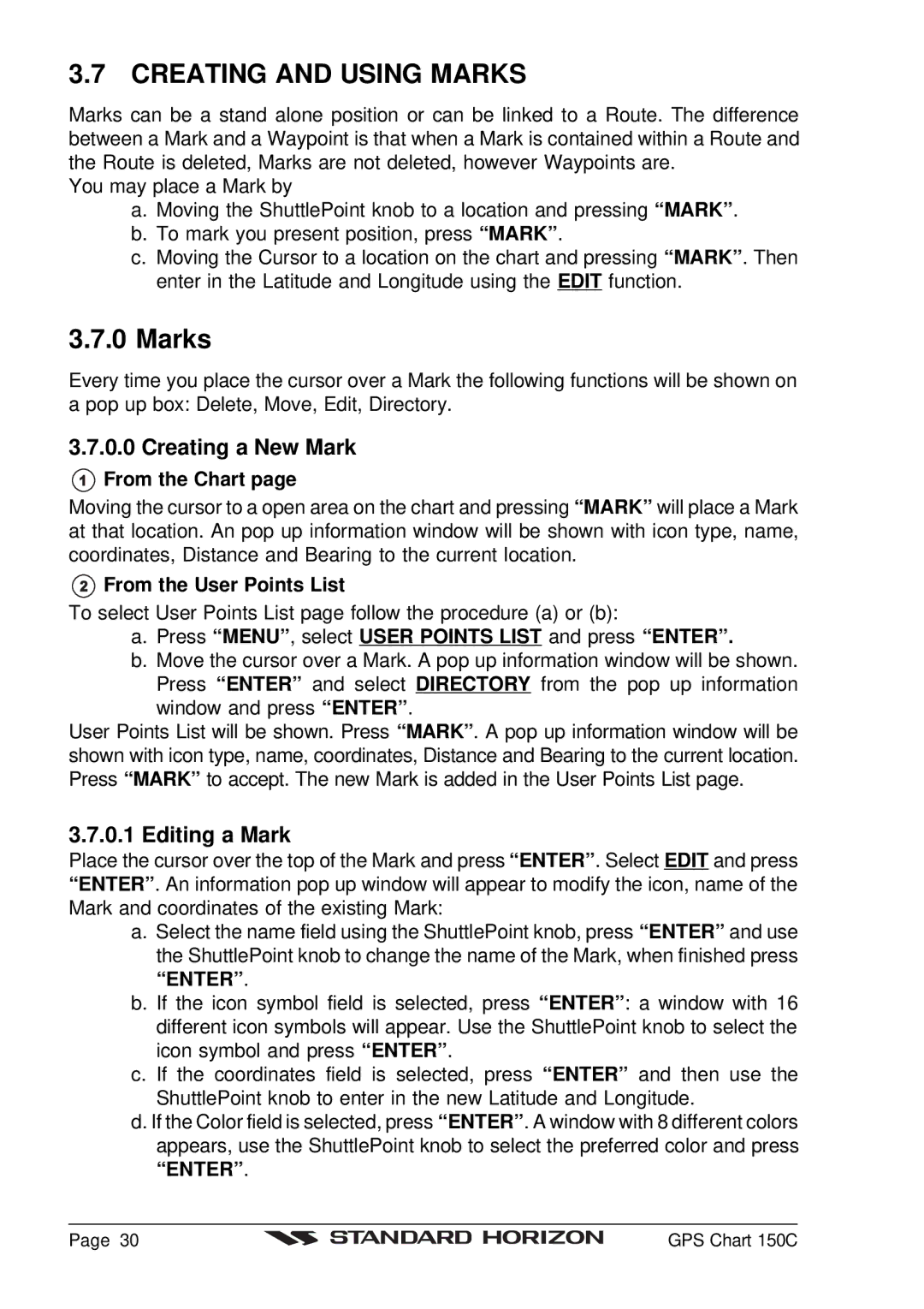 Standard Horizon CP150C owner manual Creating and Using Marks, Creating a New Mark, Editing a Mark 