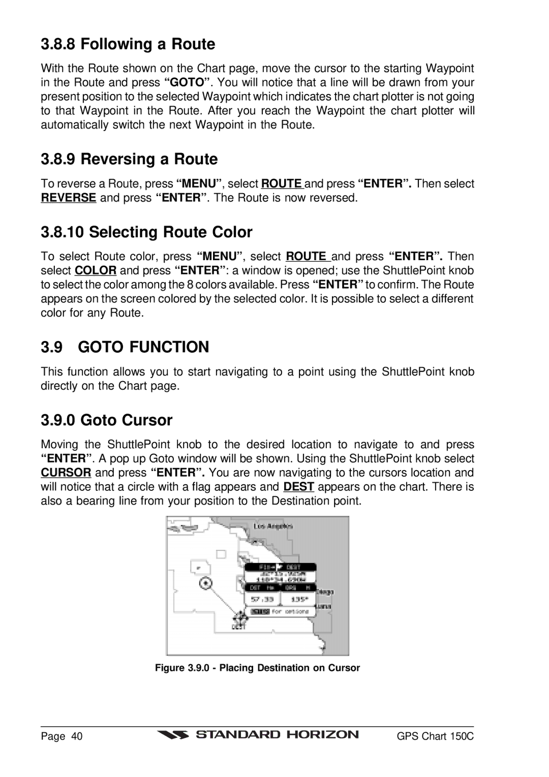 Standard Horizon CP150C Following a Route, Reversing a Route, Selecting Route Color, Goto Function, Goto Cursor 