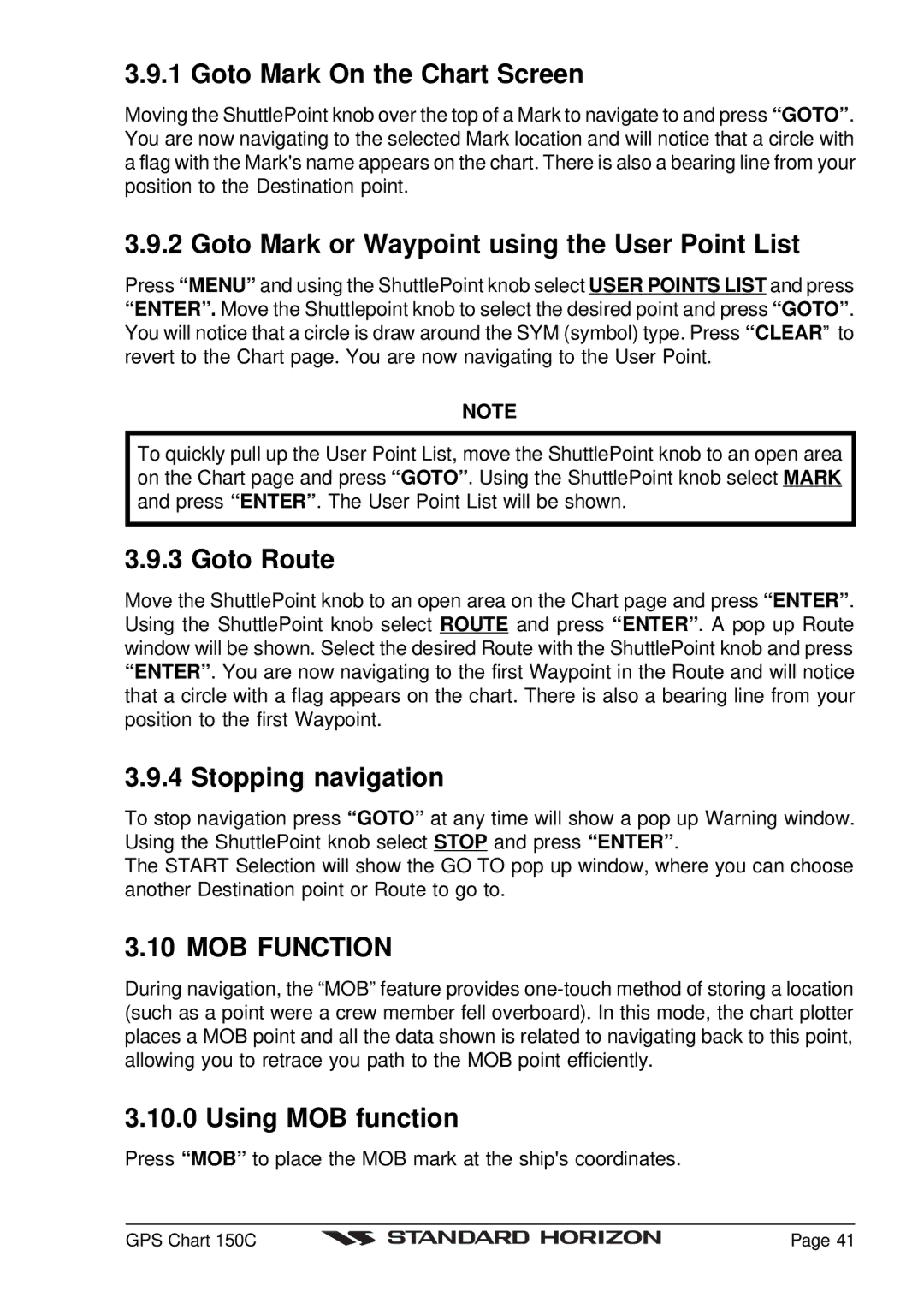 Standard Horizon CP150C owner manual MOB Function 