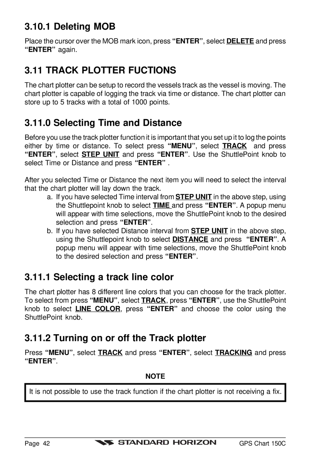 Standard Horizon CP150C Deleting MOB, Track Plotter Fuctions, Selecting Time and Distance, Selecting a track line color 