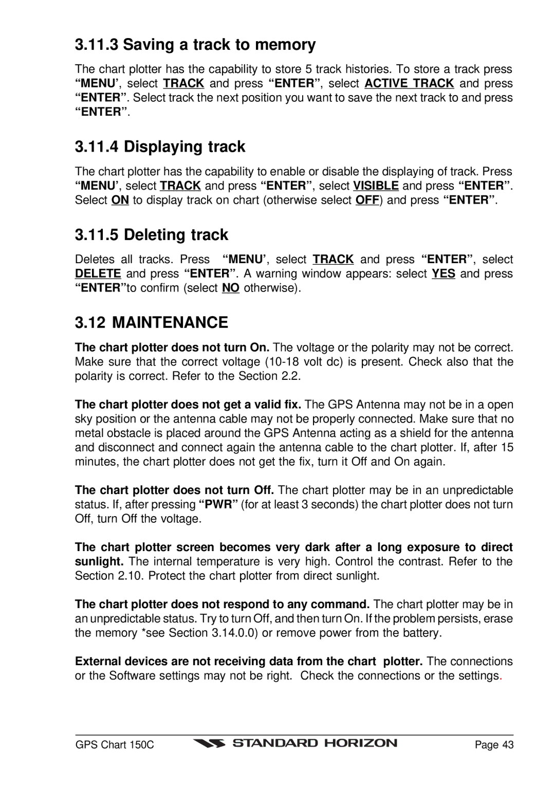 Standard Horizon CP150C owner manual Saving a track to memory, Displaying track, Deleting track, Maintenance 