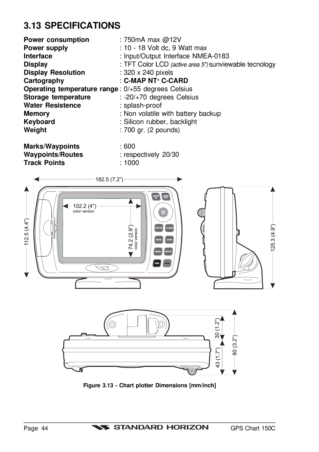 Standard Horizon CP150C owner manual Specifications, Display Resolution 320 x 240 pixels Cartography 