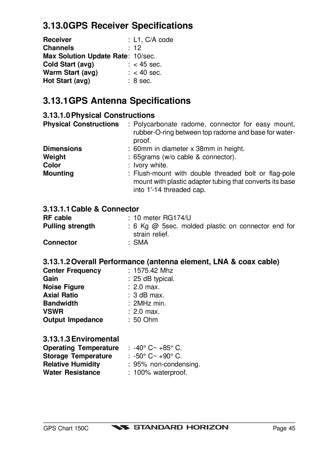 Standard Horizon CP150C owner manual 13.0GPS Receiver Specifications, 13.1GPS Antenna Specifications 