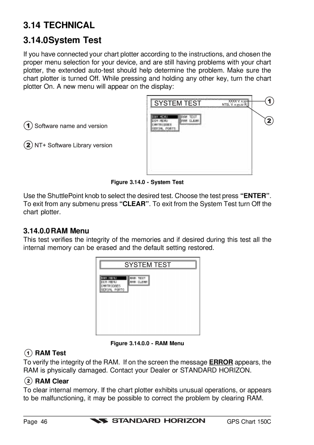 Standard Horizon CP150C owner manual Technical 3.14.0System Test, RAM Menu, RAM Test, RAM Clear 