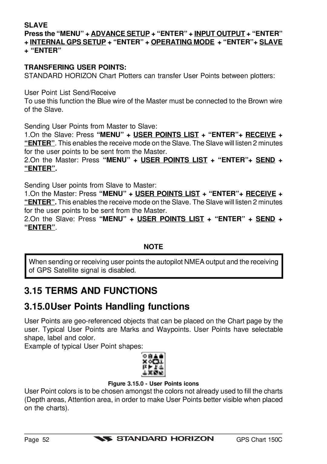 Standard Horizon CP150C owner manual Terms and Functions 3.15.0User Points Handling functions, User Points icons 