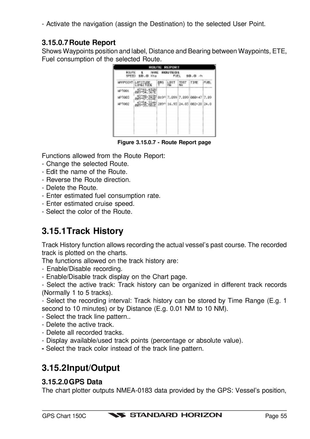 Standard Horizon CP150C owner manual 15.1Track History, 15.2Input/Output, Route Report, GPS Data 