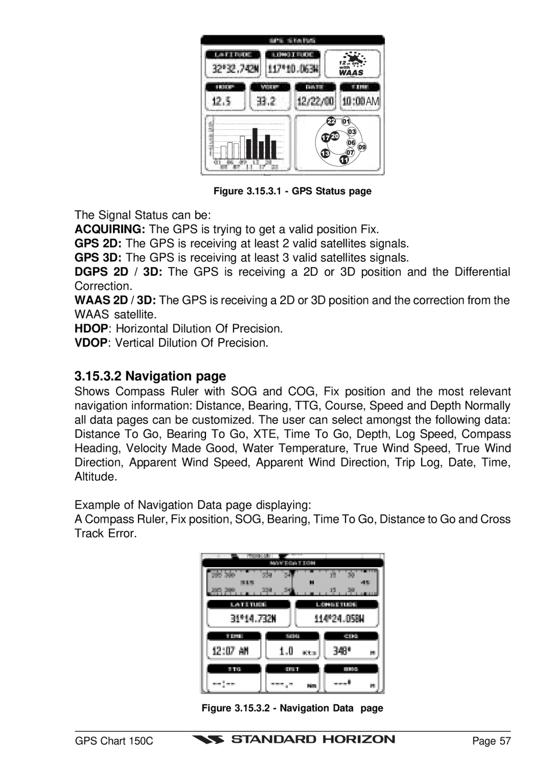 Standard Horizon CP150C owner manual Navigation, GPS Status 