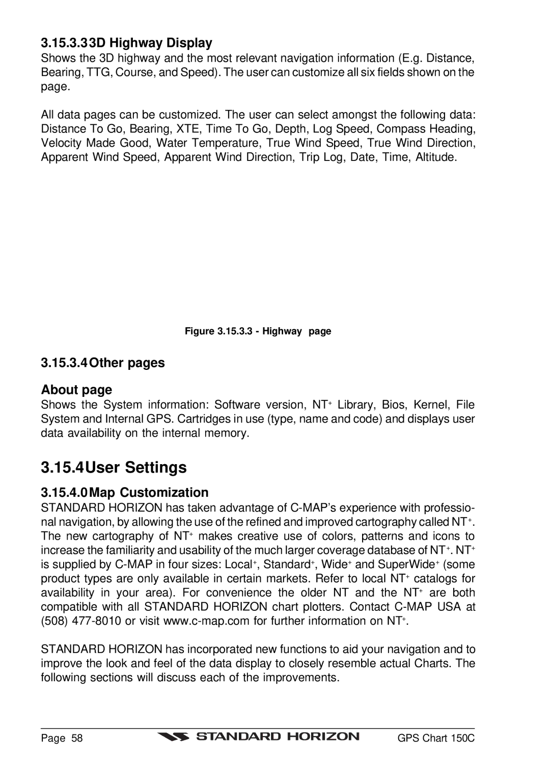 Standard Horizon CP150C owner manual 15.4User Settings, 15.3.3 3D Highway Display, Other pages About, Map Customization 