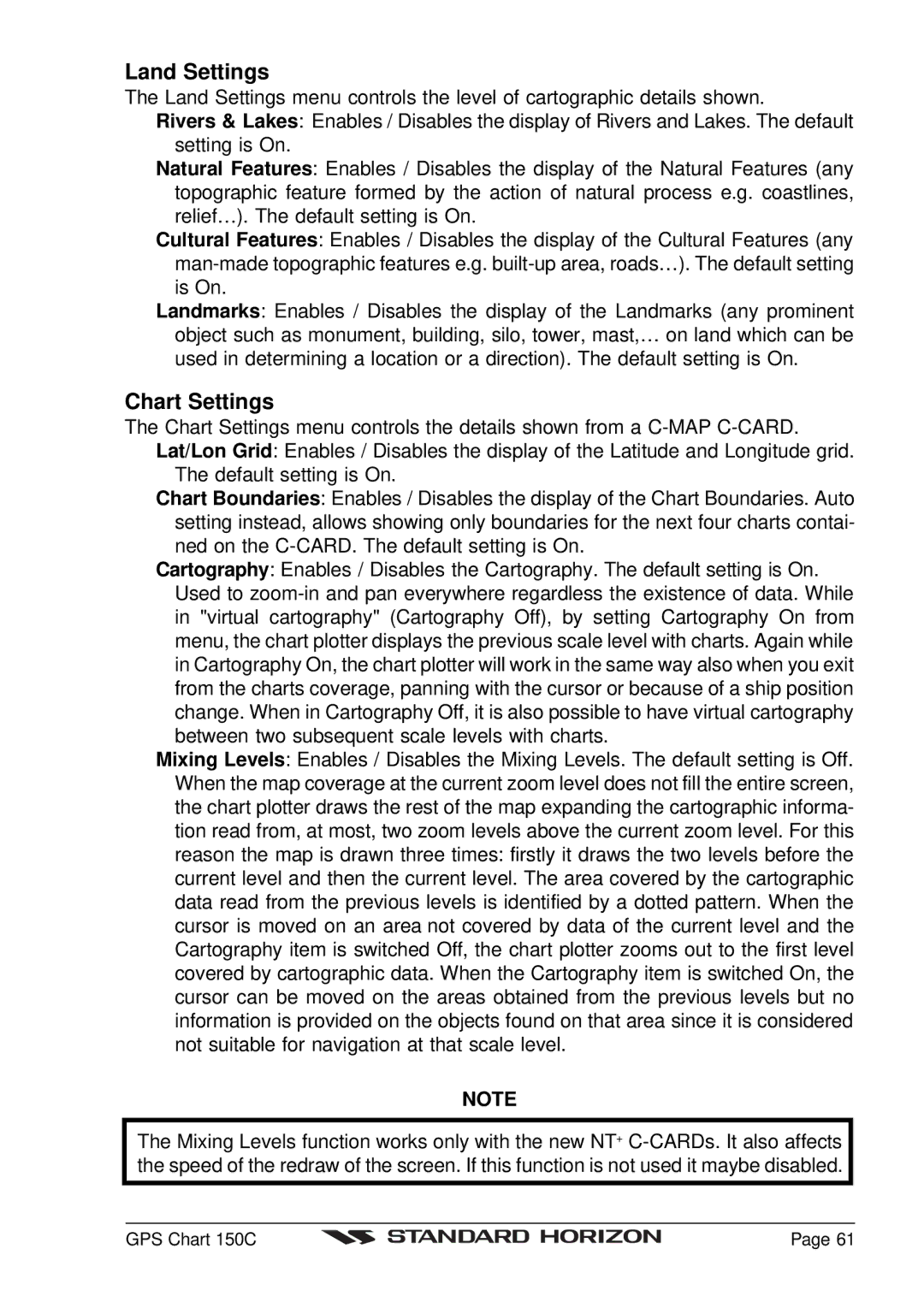 Standard Horizon CP150C owner manual Land Settings, Chart Settings 