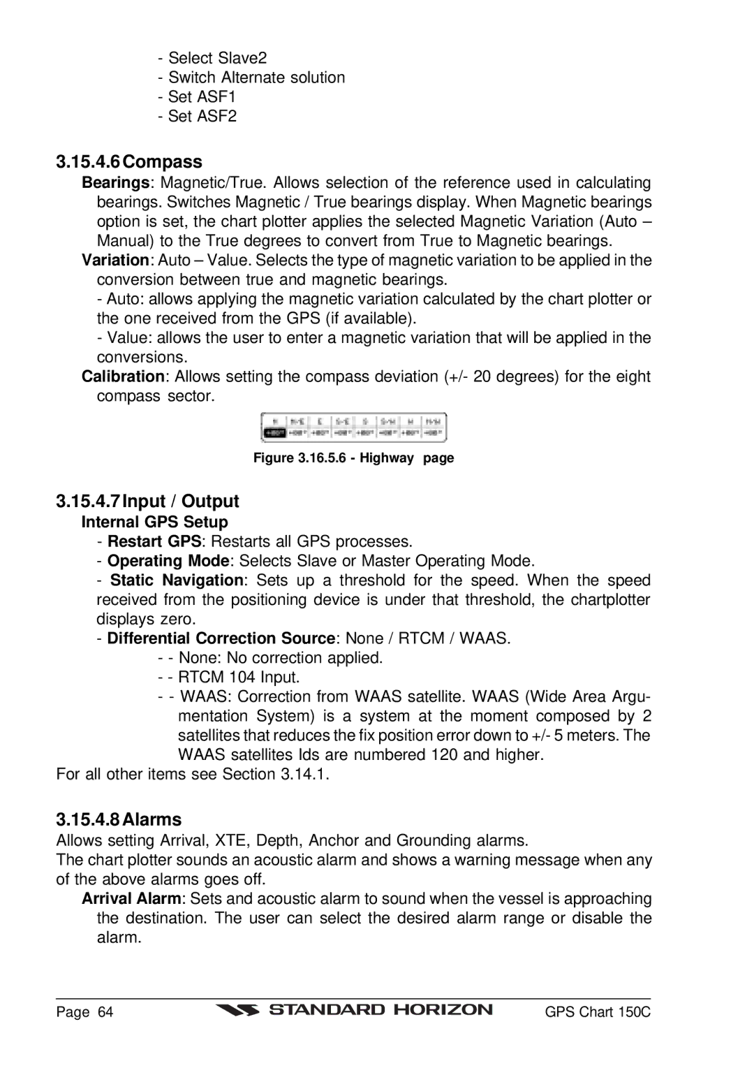 Standard Horizon CP150C owner manual Compass, Input / Output, Alarms, Internal GPS Setup 
