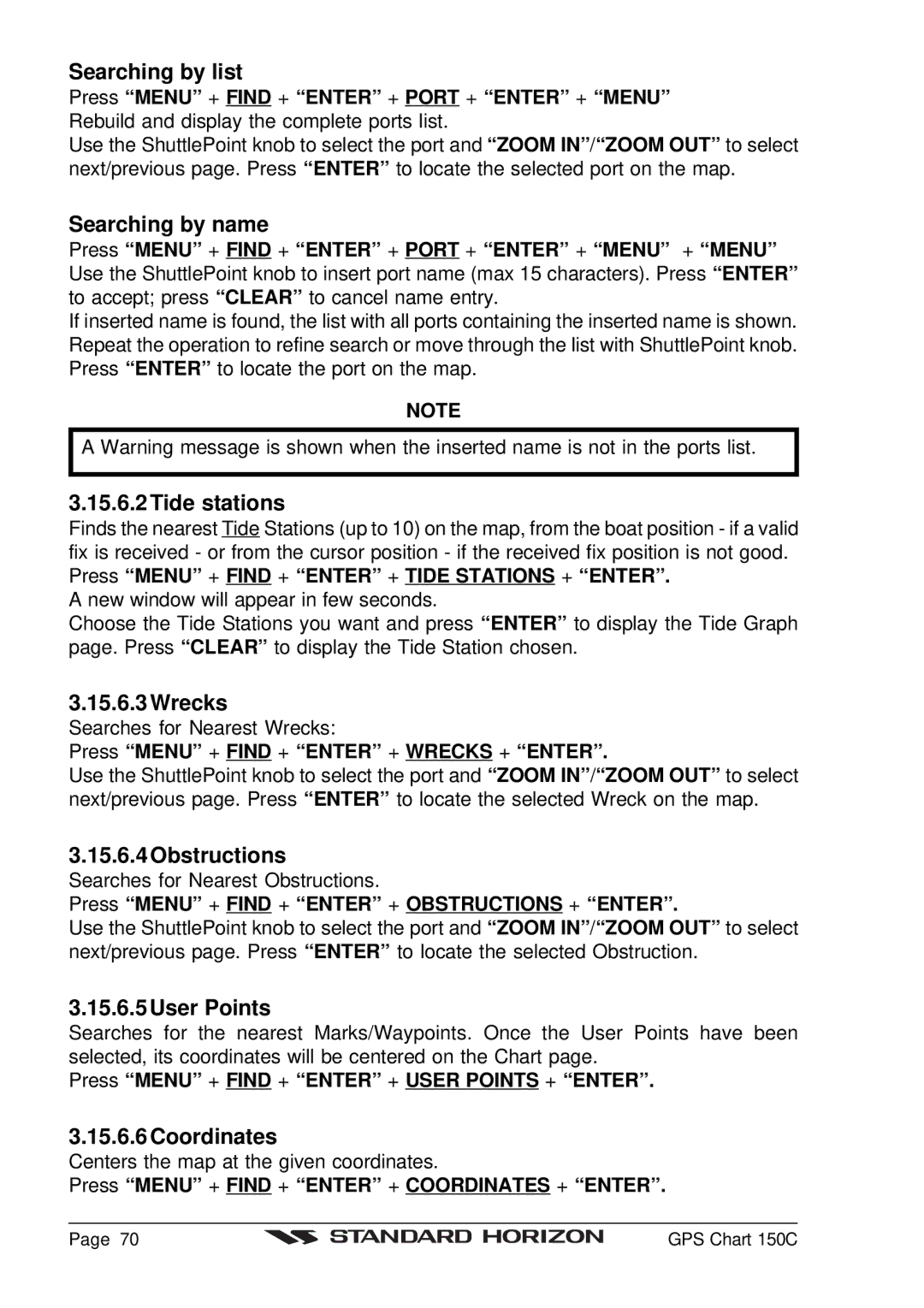 Standard Horizon CP150C owner manual Searching by list, Searching by name, Tide stations, Wrecks, Obstructions, User Points 