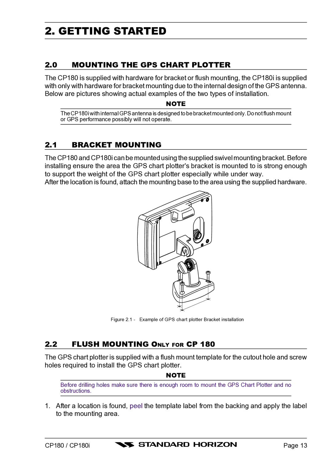 Standard Horizon CP180I Getting Started, Mounting the GPS Chart Plotter, Bracket Mounting, Flush Mounting only for CP 