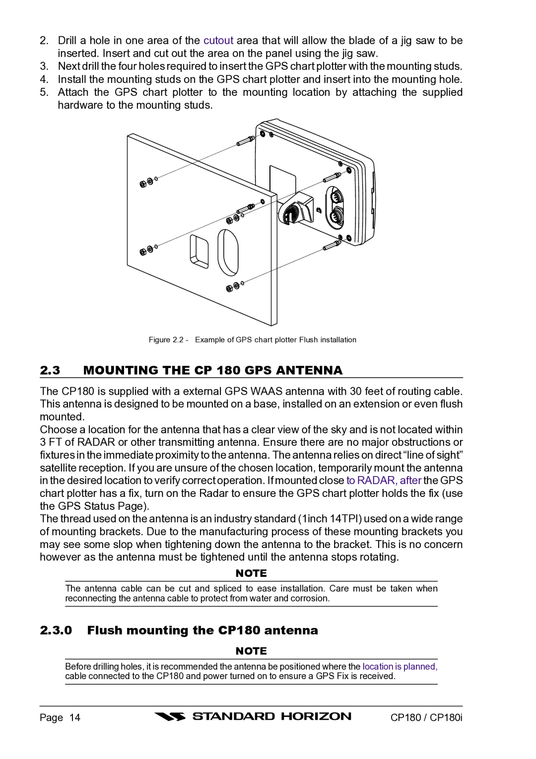 Standard Horizon CP180I owner manual Mounting the CP 180 GPS Antenna, Flush mounting the CP180 antenna 