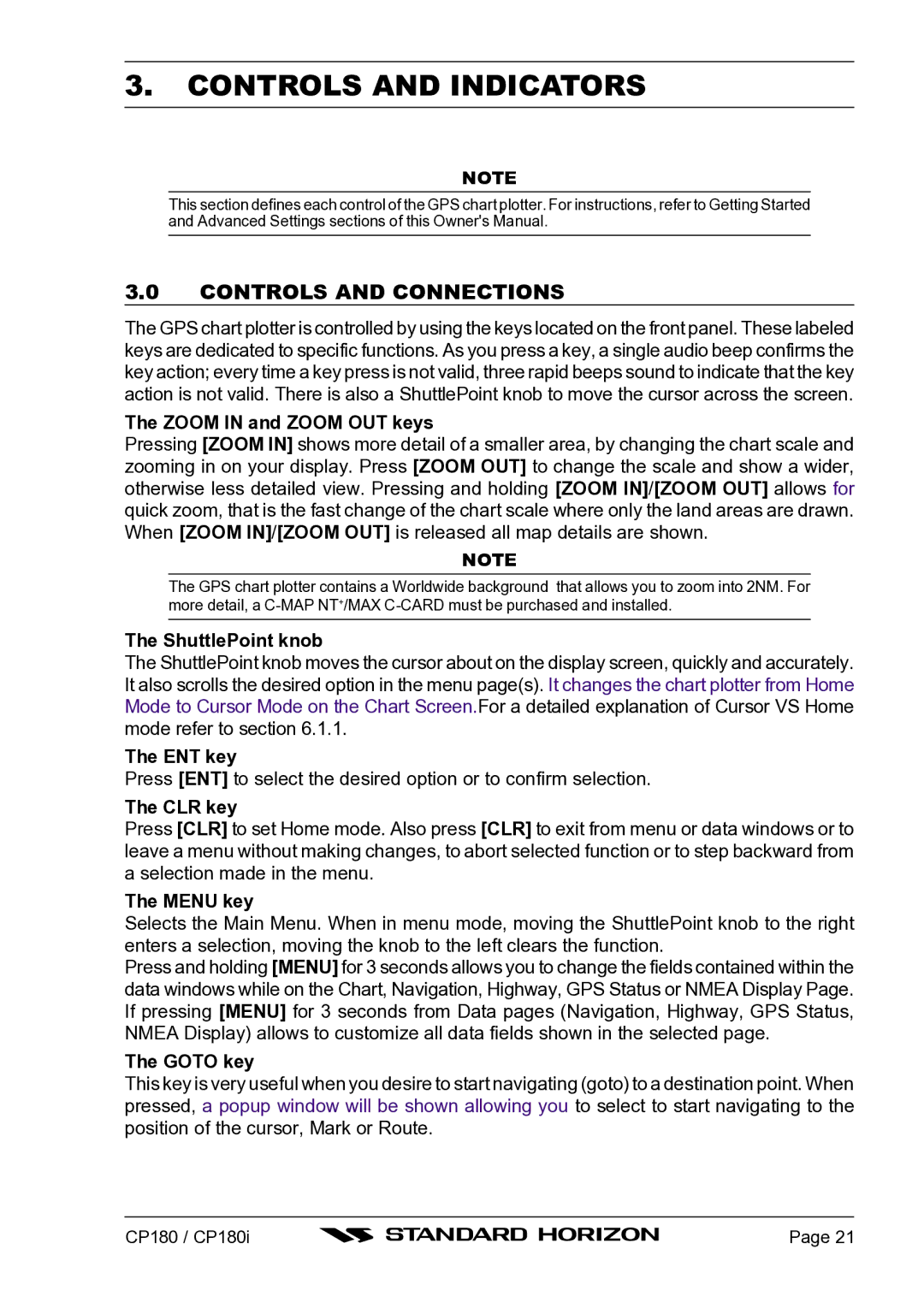 Standard Horizon CP180I owner manual Controls and Indicators, Controls and Connections 