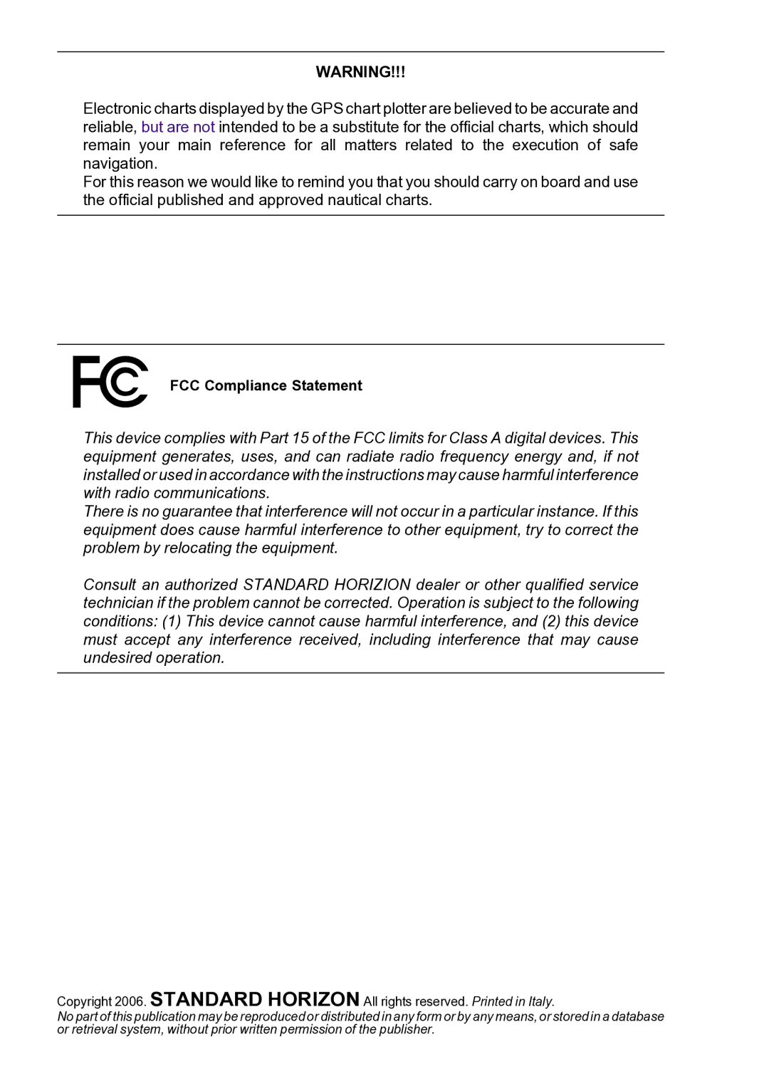 Standard Horizon CP180I owner manual FCC Compliance Statement 