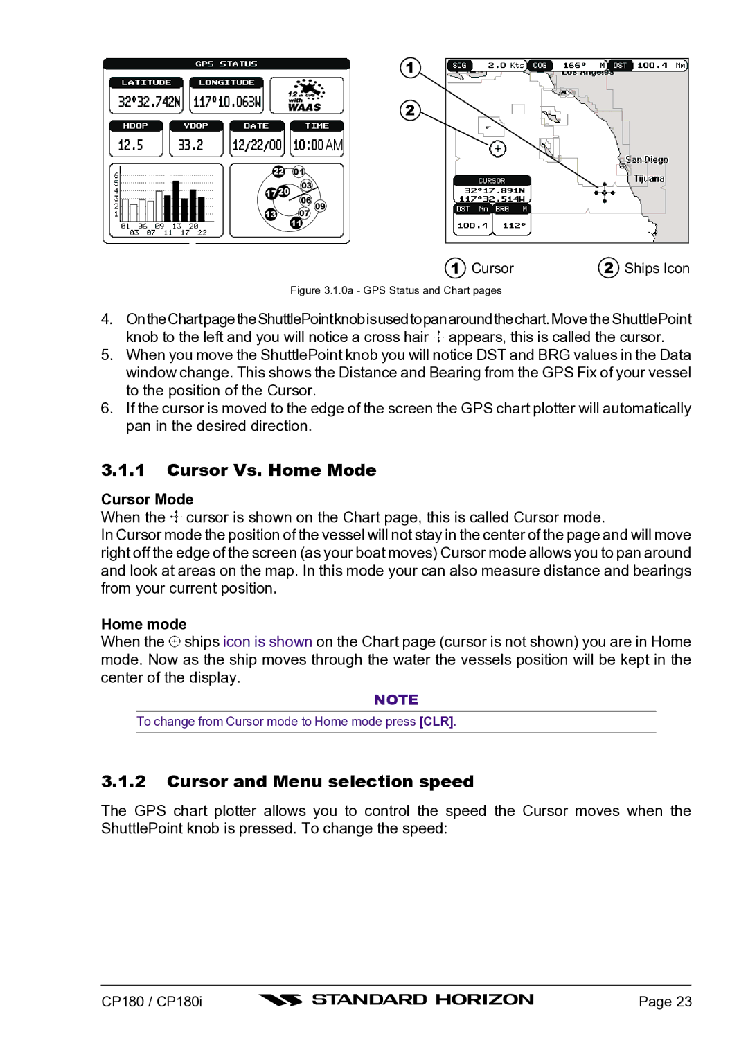 Standard Horizon CP180I owner manual Cursor Vs. Home Mode, Cursor and Menu selection speed, Cursor Mode, Home mode 